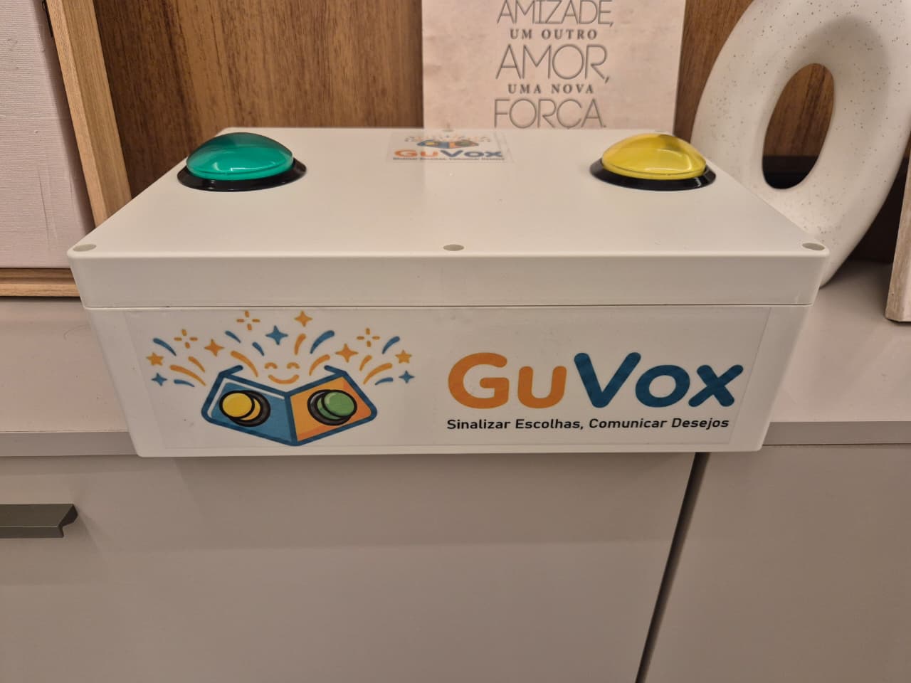 Visão frontal inclinada da caixa GuVox, exibindo os botões arcade verde e vermelho montados na tampa plástica resistente.